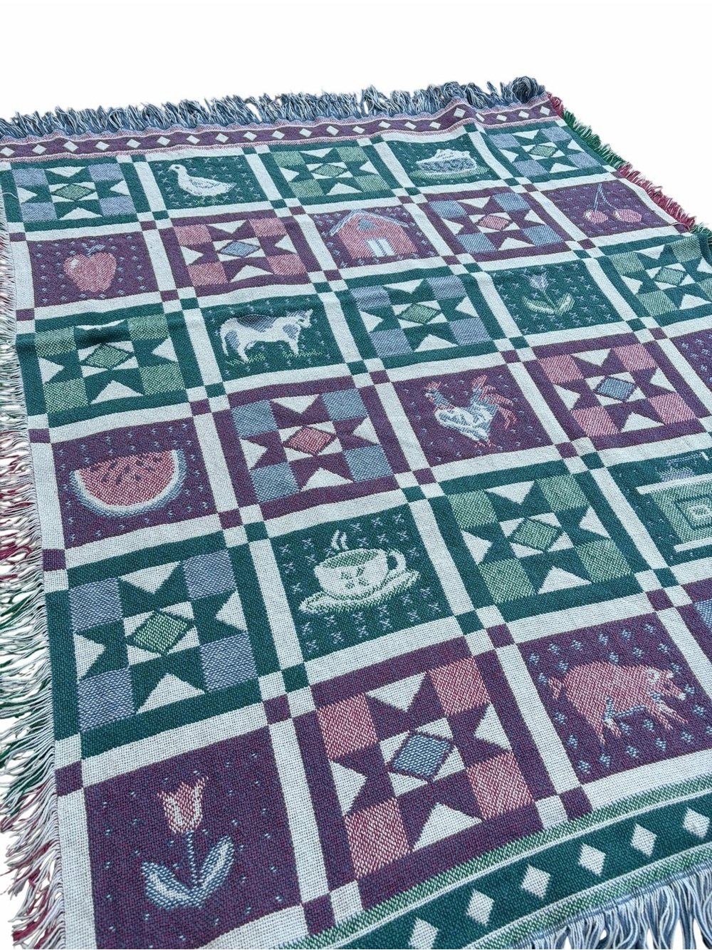 Cottagecore Woven Tapestry Patchwork Throw Blanket in Teal & Purple 100% Cotton